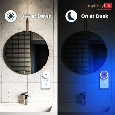 Blue LED Night Light Plug In Dusk To Dawn Sensor Small Round Nightlight next to bathroom mirror, off at dawn, on at dusk.