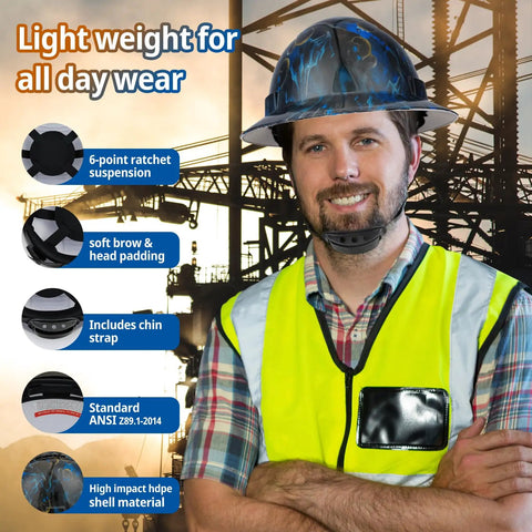 Man wearing full brim hard hat with 6 point ratchet suspension, HDPE construction, and safety vest at industrial worksite