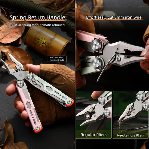 18-In-1 Survival Multitool Pliers With Stainless Steel Build And Safety Lock in hand, showing CNC precision and cutting wire