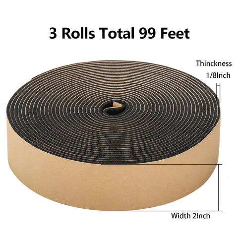Straight Up Heavy Duty Neoprene Weather Stripping Foam Seal Tape 99 Feet 2 Inch Wide X 1/8 Inch Thick round roll showing dimensions.