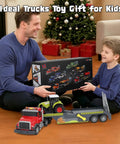 Father and son with Farm Semi Trailer Truck Toy With Large Flatbed Carrier, Hauls Animal Trailer And Tractor, near Christmas tree
