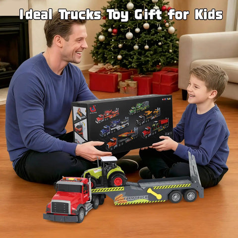 Father and son with Farm Semi Trailer Truck Toy With Large Flatbed Carrier, Hauls Animal Trailer And Tractor, near Christmas tree