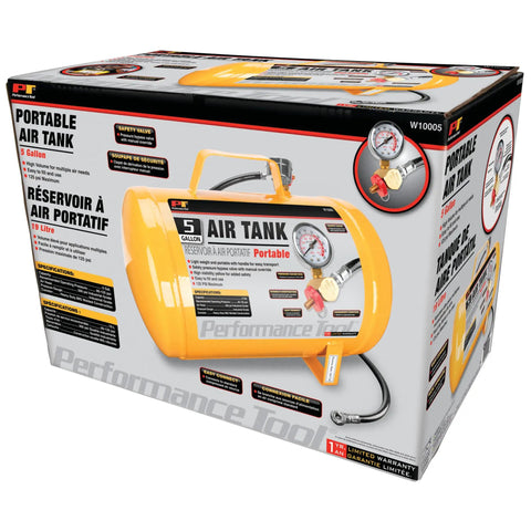 Hi Viz 5 Gallon Horizontal Portable Air Tank With Tire Chuck And Gauge, lightweight canister with durable handle shown on packaging
