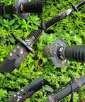 Close-up of Hand Forged Longquan Style Dao Sword With High Carbon Steel Blade Full Tang And Dope Matte Black Wooden Scabbard