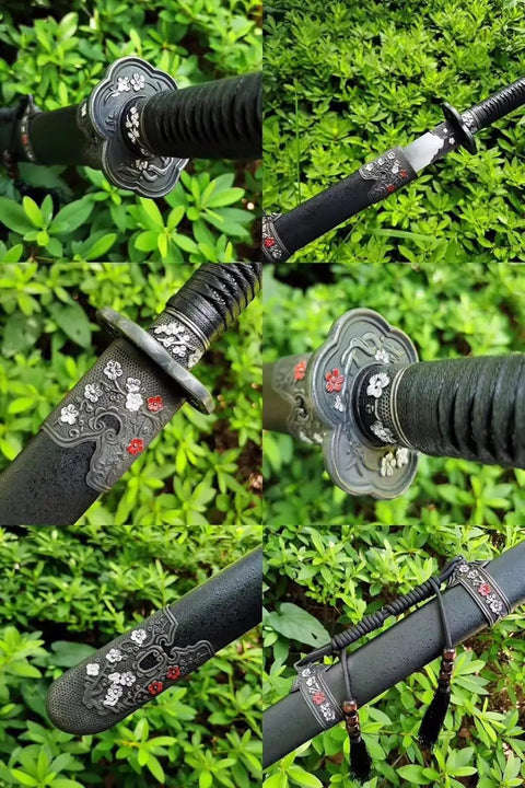 Close-up of Hand Forged Longquan Style Dao Sword With High Carbon Steel Blade Full Tang And Dope Matte Black Wooden Scabbard
