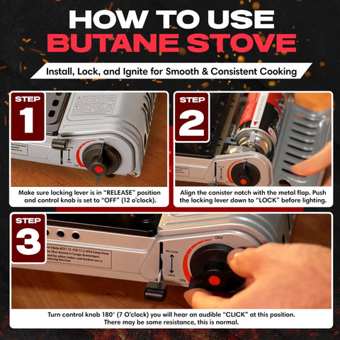 Steps to operate 12,000 BTU Portable Butane Stove for camping with electronic ignition