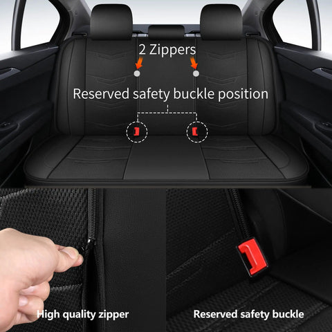 Leather Car Seat Covers Full Set For SUV Truck And Sedan Breathable And Anti Slip Sporty Black Full Seat Covers with safety buckles and zippers.