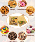 100 Pack Self Sealing Cookie Bags With Seal holding various treats and snacks with labeled examples like pretzels and cookies