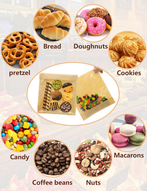 100 Pack Self Sealing Cookie Bags With Seal holding various treats and snacks with labeled examples like pretzels and cookies
