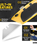 Auto Reload Utility Knife With 10 Preloaded SK5 Blades, showing release button and blade change steps, yellow handle