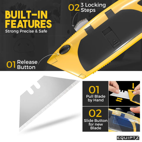 Auto Reload Utility Knife With 10 Preloaded SK5 Blades, showing release button and blade change steps, yellow handle