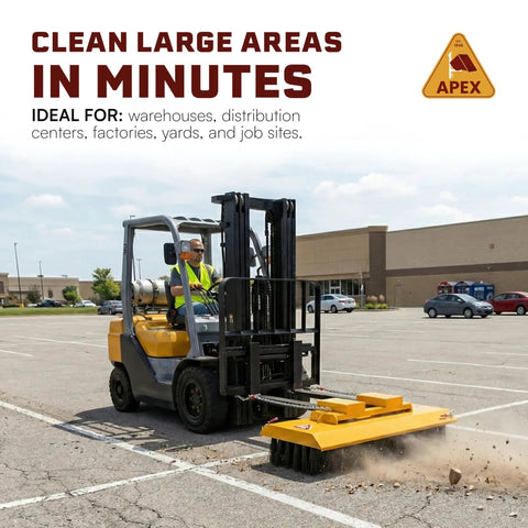 60 Inch Forklift Broom Attachment Heavy Duty Industrial Sweeper With 6 Row Polypropylene Bristles in action on a parking lot.