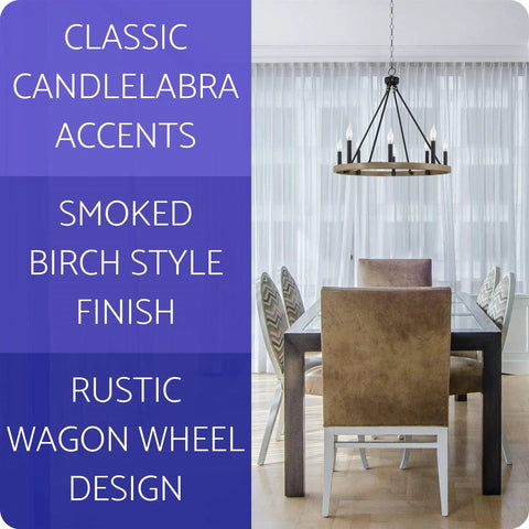 Rustic Farmhouse Wagon Wheel Chandelier With 8 Lights Large Round Kitchen Island Light In Smoked Birch Finish hanging over dining table