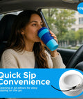 Next Level Insulated 16 Oz Travel Mugs Set Of 2 With Spill Resistant Lids Keep Your Morning Brew Hot Or Iced Cold On Every Commute Elevate Daily Sipping Vibes Leak Proof Everyday Carry Essentials. A woman sipping from a blue insulated travel mug while driving.