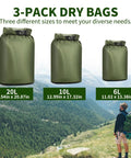 Three Pack Waterproof Dry Bags Set Ultralight Lightweight Dry Sacks 6L 10L 20L For Hiking Camping Kayaking Boating And Swimming