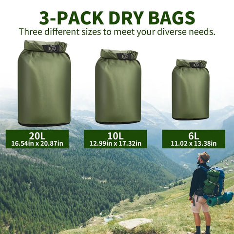 Three Pack Waterproof Dry Bags Set Ultralight Lightweight Dry Sacks 6L 10L 20L For Hiking Camping Kayaking Boating And Swimming