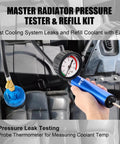 Boss Level 33 Piece Coolant Pressure Tester Kit And Vacuum Refill Tool quickly isolates cooling system leaks using a gauge in hand.