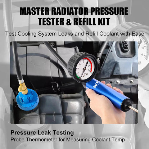 Boss Level 33 Piece Coolant Pressure Tester Kit And Vacuum Refill Tool quickly isolates cooling system leaks using a gauge in hand.