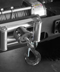 Beefed Up Heavy Duty Winch Hook With Safety Latch attached to ATV winch, forged steel clevis slip hook, rust resistant, durable design