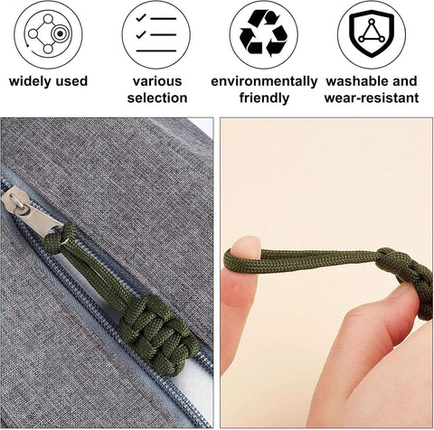 5 Pack Olive Green Universal Zipper Pull Replacement Kit Set with nylon and metal zipper fixers and hand woven paracord handle.