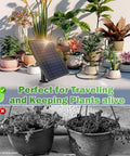 Solar Garden Irrigation System With Fifty Days Standby Time Auto Watering For Twenty To Thirty Pots Anti Siphon Feature Delivers Up To Seventy Percent Water Savings For Balcony Indoor And Outdoor Plants in use with thriving green potted plants