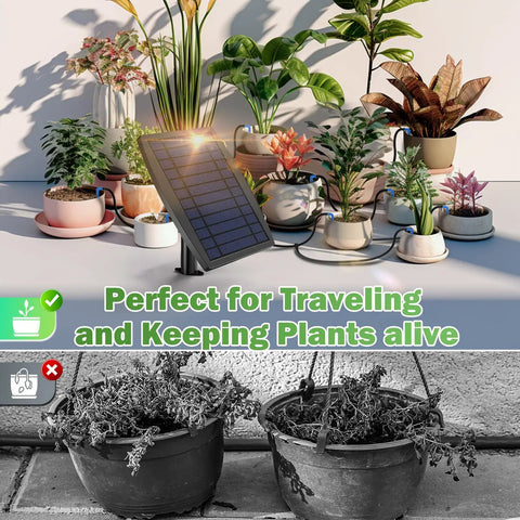Solar Garden Irrigation System With Fifty Days Standby Time Auto Watering For Twenty To Thirty Pots Anti Siphon Feature Delivers Up To Seventy Percent Water Savings For Balcony Indoor And Outdoor Plants in use with thriving green potted plants