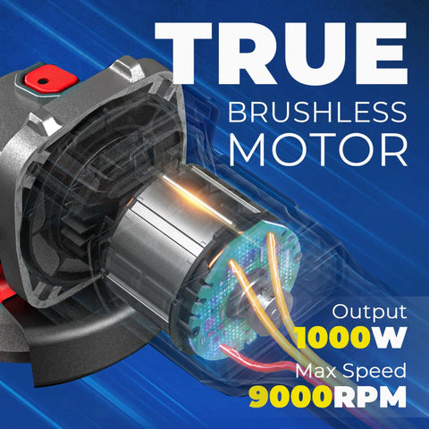 Cordless Angle Grinder Kit With Paddle Switch 20V 4-1/2 Inch 9000 RPM For Cutting Grinding Polishing Includes 6 Discs And 4.0Ah Battery Plus DSC Protection And No Lock On Paddle. TRUE brushless motor cutaway