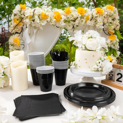 Fresh Black Disposable Plates 350 Piece Heavy Duty Food Grade Plastic Party Essentials For Weekend Ragers And Halloween Parties Straight Top Shelf Vibes set on decorated table with cake, cups, napkins, and candles.