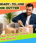 Person using Color Coded Utility Knife Set With 4 Folding Box Cutters And 10 SK5 Blades for opening cardboard box.