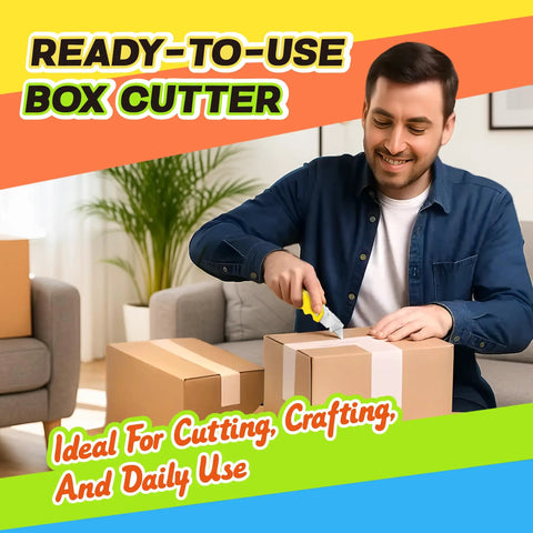 Person using Color Coded Utility Knife Set With 4 Folding Box Cutters And 10 SK5 Blades for opening cardboard box.