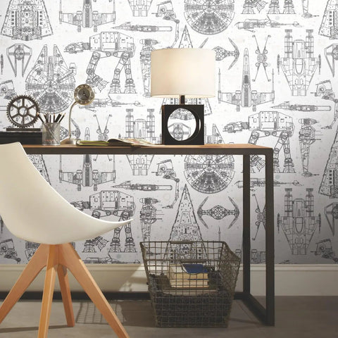 Desk against Star Wars Blueprint Peel And Stick Wallpaper For Walls That Is Removable And Repositionable No Mess Washable And Strippable