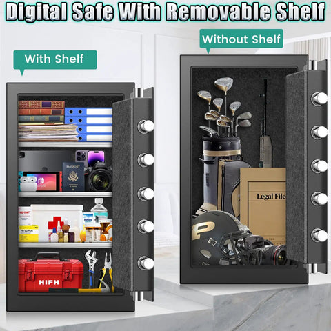 6.5 Cu Ft Fireproof Waterproof Home Safe With Combination Lock Anti Theft Alarm Removable Shelf Heavy Duty Security Safe open showing organized contents