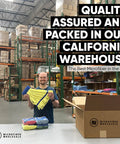 Man holding Two Pack Large Yellow Microfiber Tube Mop Heads For Pro Grade Commercial Wet Mops in a warehouse setting.