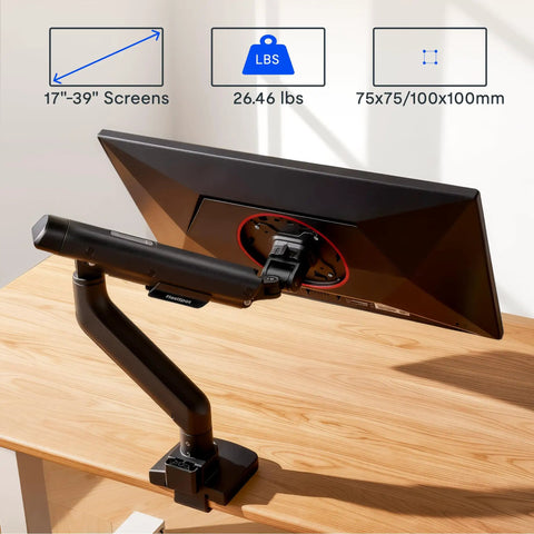 Heavy Duty Single Monitor Arm, Premium Aluminum Desk Mount with support for 17-39 inch screens, matte black finish on desk.