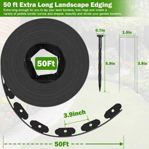 50Ft By 2In Landscape Edging Border Kit with 90 Pieces Garden Staples No Dig Border Edging System Includes Hammer and Gloves for Flower Beds and Lawn Edging