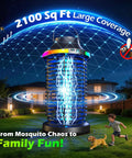 Cordless Outdoor Bug Zapper 4200V 5 In 1 Mosquito Killer with 5000mAh Battery, lighting up in a backyard setting at night