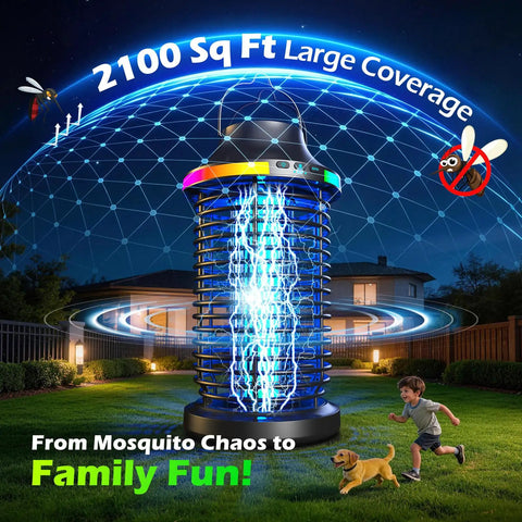 Cordless Outdoor Bug Zapper 4200V 5 In 1 Mosquito Killer with 5000mAh Battery, lighting up in a backyard setting at night