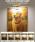 Rechargeable Picture Light For Wall With Remote Control Three Pack Sweet Stick On Magnetic Mount No Fuss Install Ultra Bright Frame Accent Lamp above a dog portrait, showing dimmable brightness.