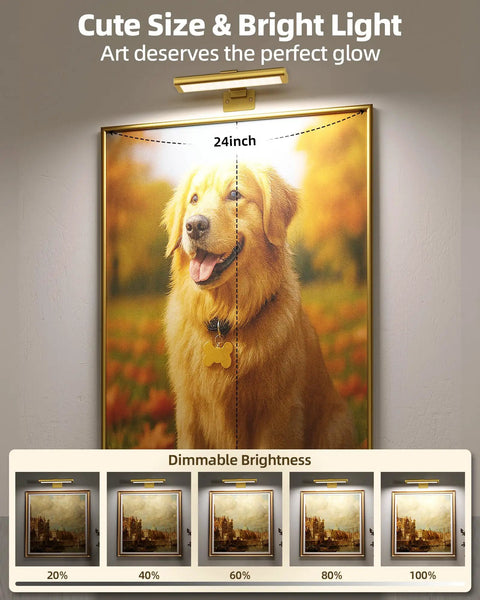 Rechargeable Picture Light For Wall With Remote Control Three Pack Sweet Stick On Magnetic Mount No Fuss Install Ultra Bright Frame Accent Lamp above a dog portrait, showing dimmable brightness.