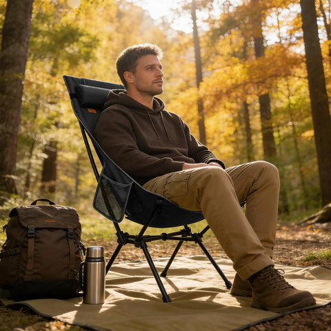 Man sitting on Ultra Lightweight Portable High Back Camping Chair With Head Support 440 Lbs Capacity Ultralight Folding Design