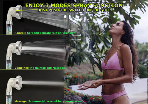 Healing Crystals Shower Head With 7 Natural Gemstones showing three spray modes and a person enjoying the water outdoors