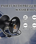 Heavy Duty Steel Pressure Washer Hose Reel With Manual Crank Built To Last Holds Up To 150 Feet Of Three Eighths Inch Whip Hose Swivel Arm And Mounting Bracket For 4000 PSI Systems, showcasing details and specifications.