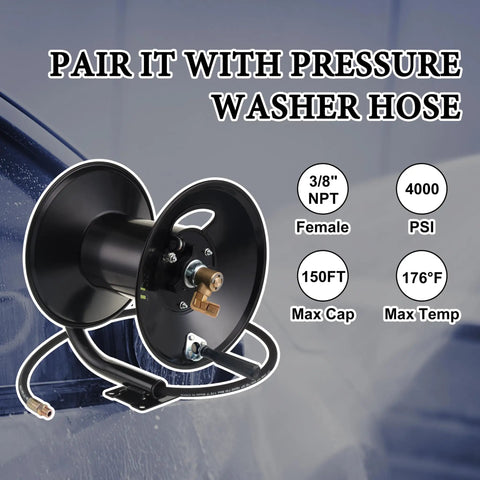 Heavy Duty Steel Pressure Washer Hose Reel With Manual Crank Built To Last Holds Up To 150 Feet Of Three Eighths Inch Whip Hose Swivel Arm And Mounting Bracket For 4000 PSI Systems, showcasing details and specifications.