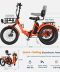Folding Electric Trike For Adults TK2 20 Inch With 500W Rear Motor Stable Ride Smart Reverse And Smooth Cornering For Easy City Cruisin And Daily Errands, orange aluminum frame