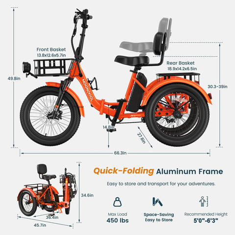 Folding Electric Trike For Adults TK2 20 Inch With 500W Rear Motor Stable Ride Smart Reverse And Smooth Cornering For Easy City Cruisin And Daily Errands, orange aluminum frame