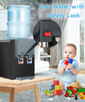 Countertop Water Cooler Dispenser For Home Office Dorms Black Holds 3 Or 5 Gallon Jug Top Loading Hot And Cold Water Kid Safe Lock Compact Space Saving Design Fits Small Kitchens And Desks displayed with safety lock detail and child playing nearby.