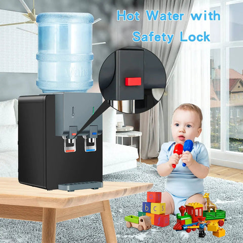 Countertop Water Cooler Dispenser For Home Office Dorms Black Holds 3 Or 5 Gallon Jug Top Loading Hot And Cold Water Kid Safe Lock Compact Space Saving Design Fits Small Kitchens And Desks displayed with safety lock detail and child playing nearby.
