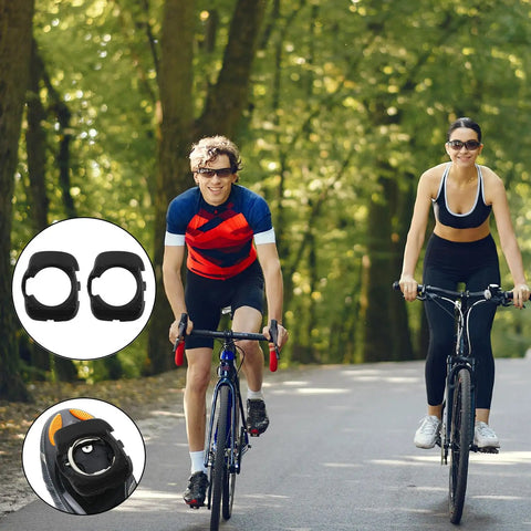 Cyclists on road with images of Pair Of Quick Release Anti Slip Pedal Cleats Cover For Wahoo SpeedPlay Zero Pedals in black plastic.