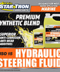 Premium Synthetic Blend Marine Grade Hydraulic Steering Fluid ISO 15 bottle label with anti-corrosion additives benefits.