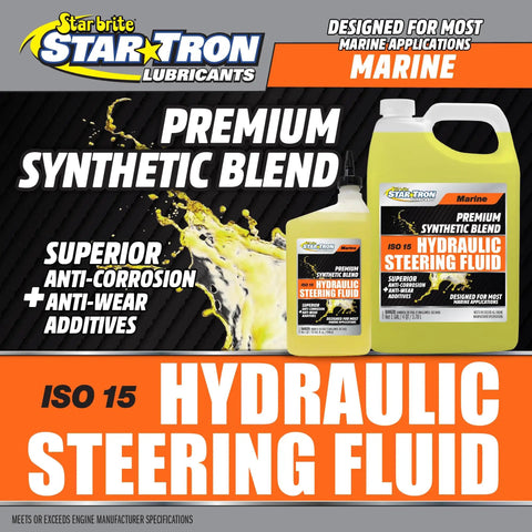 Premium Synthetic Blend Marine Grade Hydraulic Steering Fluid ISO 15 bottle label with anti-corrosion additives benefits.